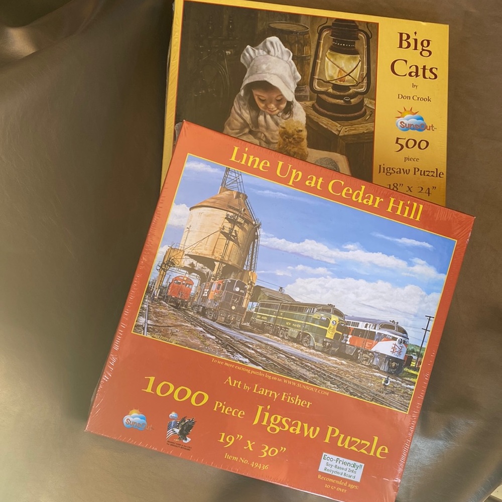 SUNS OUT Inc. PUZZLES-TWO one is TRAINS -1000 pieces & one w/CAT-500 Pieces BNWT